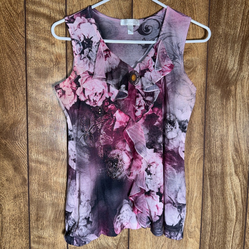 Dressbarn Womens Floral Ruffle V-Neck Sleeveless Blouse Purple Pink Rhinestone M